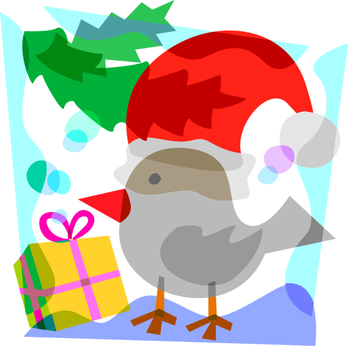 Vector Illustration of Bird with Santa Claus Hat, Gift Wrapped Christmas Presents, Conifer Evergreen Bough Branches
