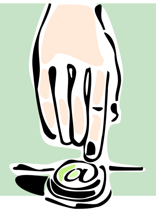 Vector Illustration of Finger Pushes Email Correspondence @ Sign on Computer Keyboard