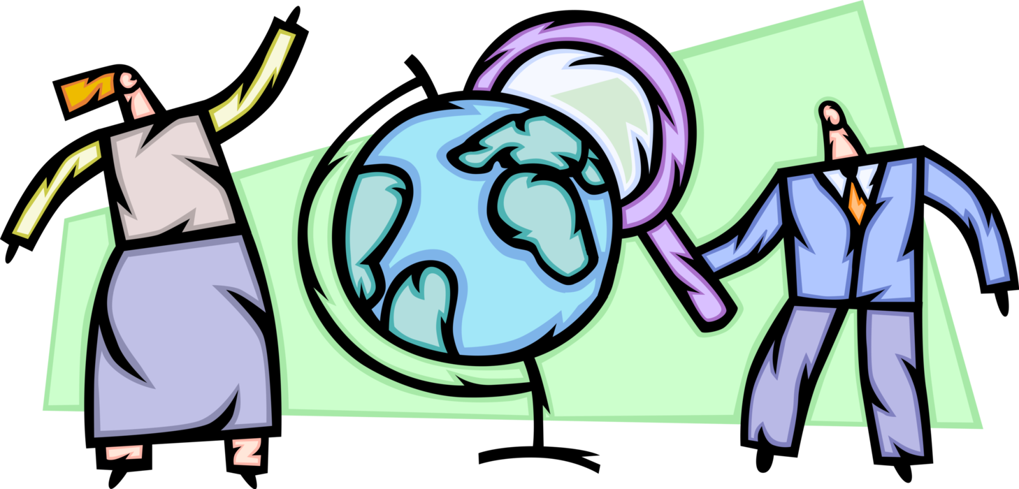 Vector Illustration of Business Associates Explore New International Market Opportunities with Magnifying Glass and World Globe