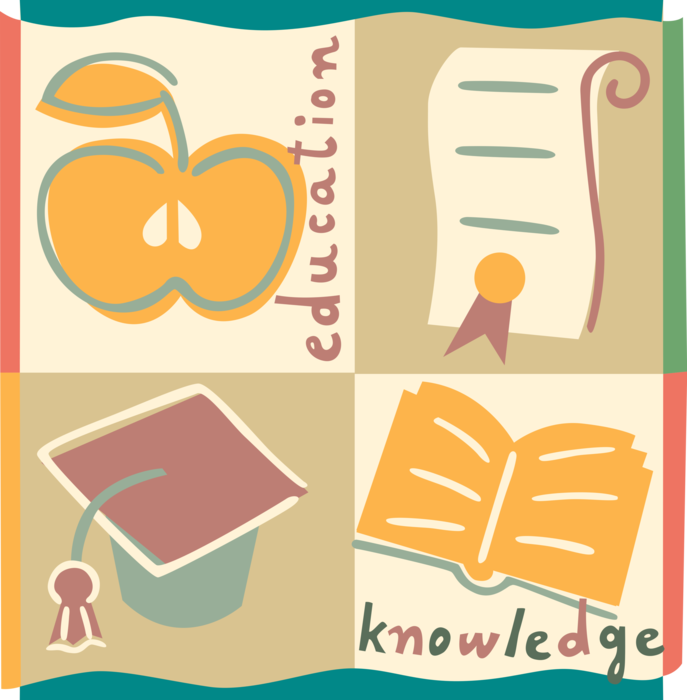 Vector Illustration of Academic Education Apple, Diploma, Book of Knowledge, and Mortarboard Graduation Cap