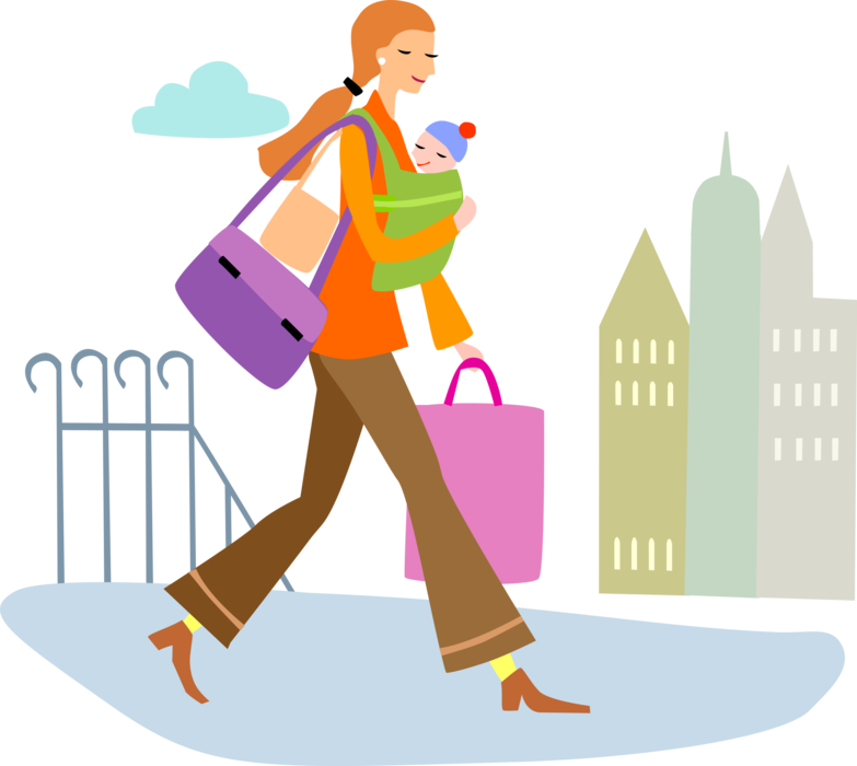 Vector Illustration of New Working Mother with Newborn Infant Baby Walks to Work