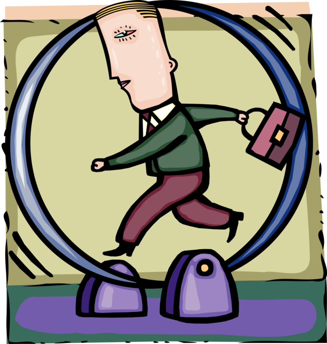 Vector Illustration of Businessman Stuck Running on Soulless Treadmill of Urban Existence Going Nowhere