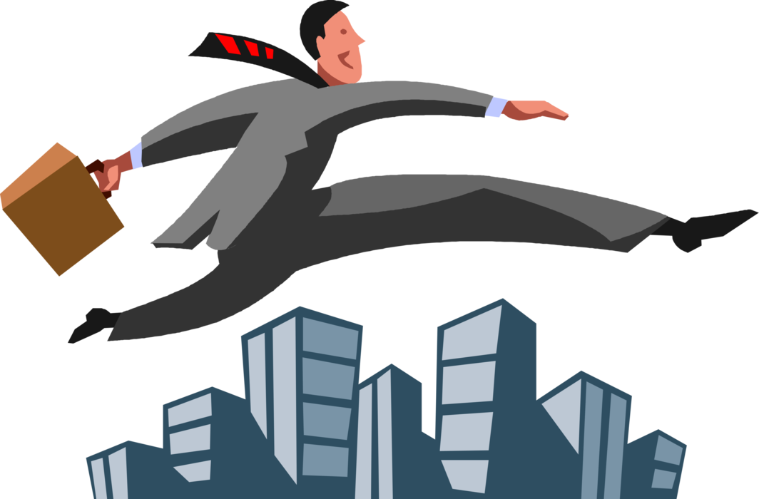 Vector Illustration of Energetic Businessman Leaps Tall Buildings in Single Bound