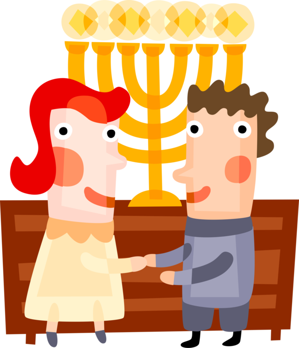 Vector Illustration of Jewish Wedding Bride and Groom Receive Seven Blessings, or Sheva B'rachot with Menorah Lampstand