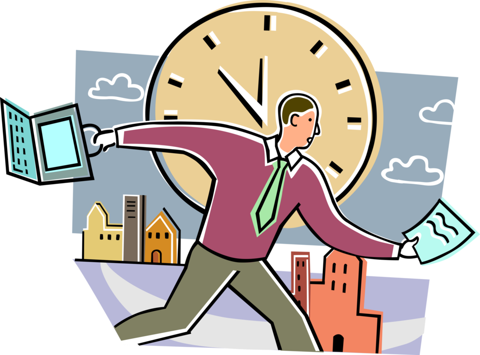 Vector Illustration of Businessman Running Late for Important Business Meeting with Document and Time Clock