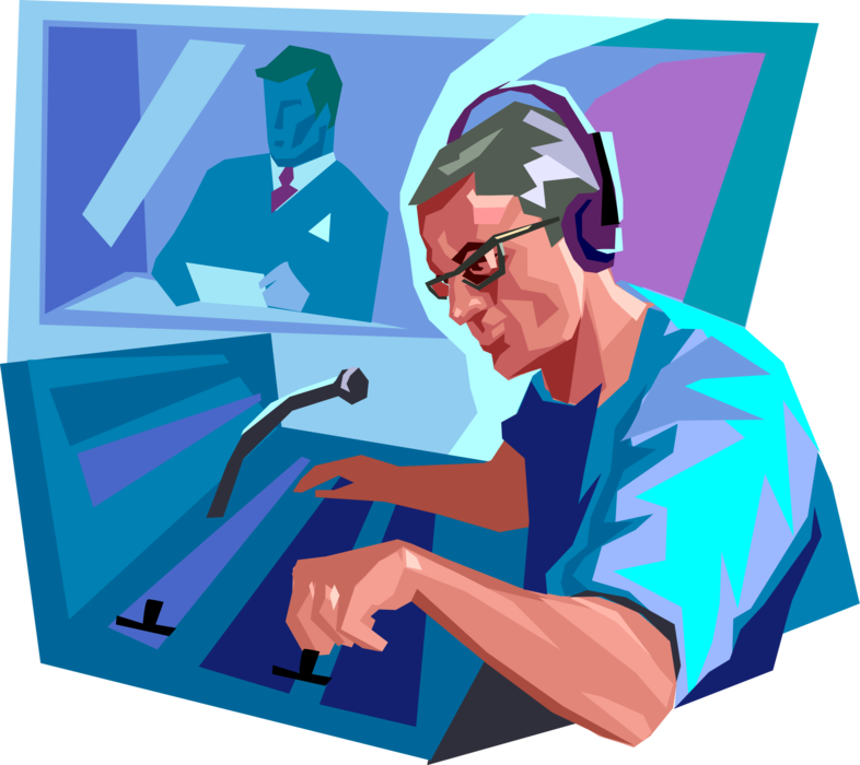 Vector Illustration of Radio Show Content Producer Oversees Radio Show at Control Board in Recording Studio