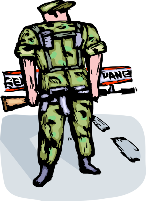 Vector Illustration of Heavily Armed United States Military Soldier Stands Guard at Check Point