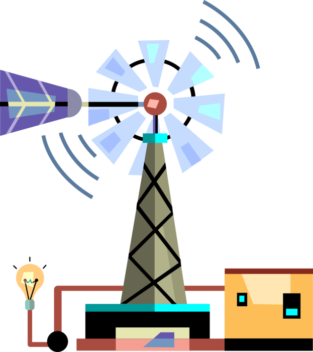 Vector Illustration of Farm Wind Engine Turbine Windmill Renewable Energy Source Generates Electricity