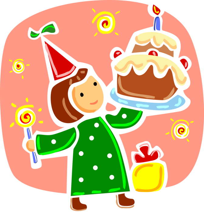 Vector Illustration of Birthday Girl Celebrates with Sweet Dessert Baked Birthday Cake, Candle, and Party Hat
