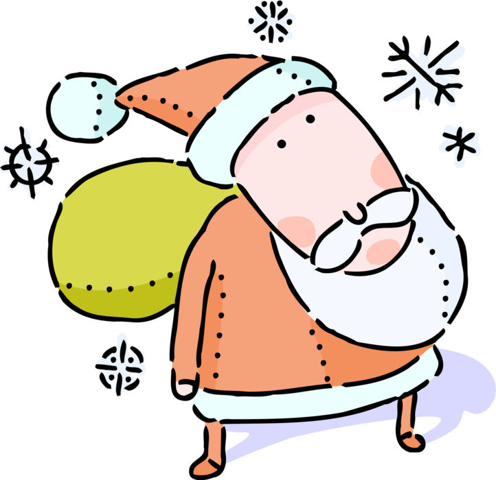 Vector Illustration of Santa Claus Carries Sack of Christmas Toys with Snowflake Crystals