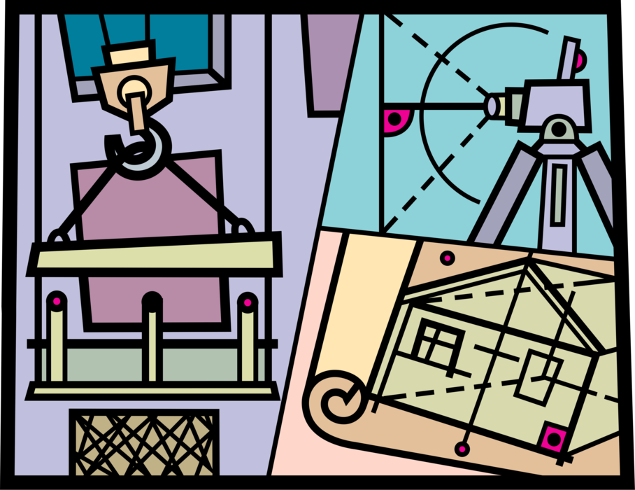 Vector Illustration of Surveyor Theodolite Determines Terrestrial Position with Construction Crane Lifting Building Materials