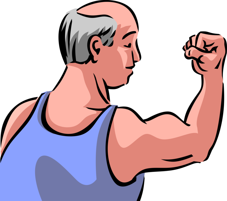 Vector Illustration of Retired Elderly Senior Citizen Strongman Shows Off Bodybuilding and Weightlifting Muscle Strength