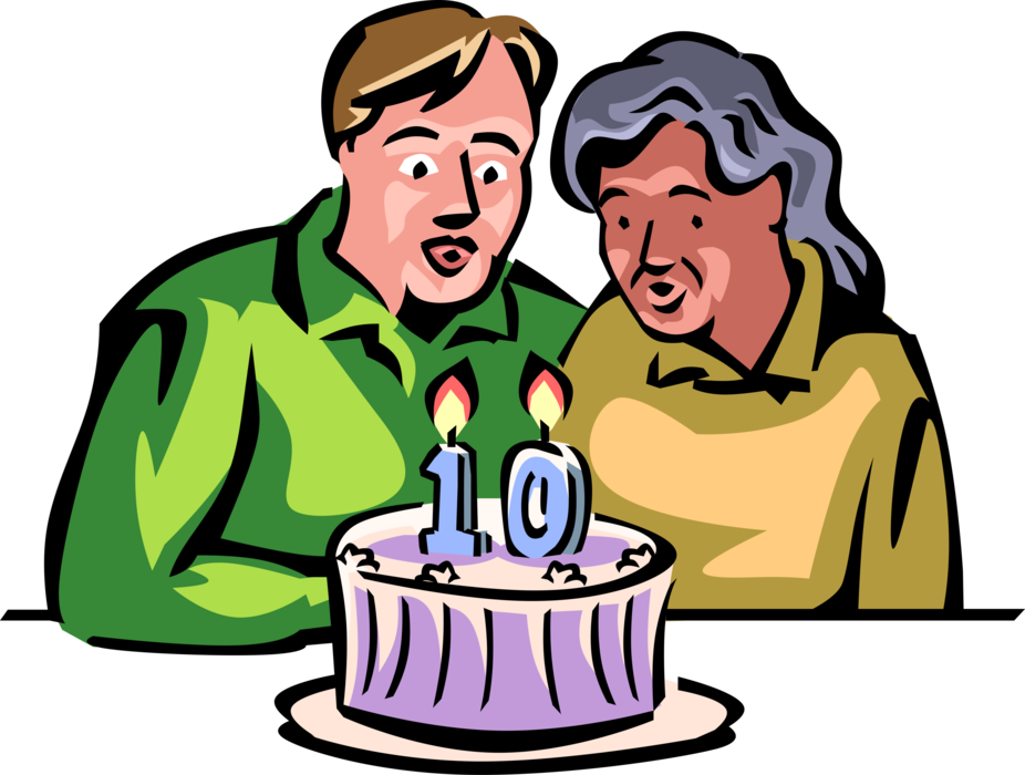 Vector Illustration of Married Husband and Wife Couple Celebrate Tenth 10th Wedding Anniversary with Cake and Candle