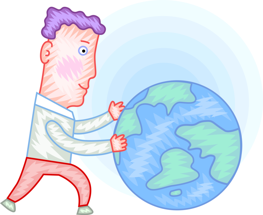 Vector Illustration of Man Embraces Planet Earth World Globe