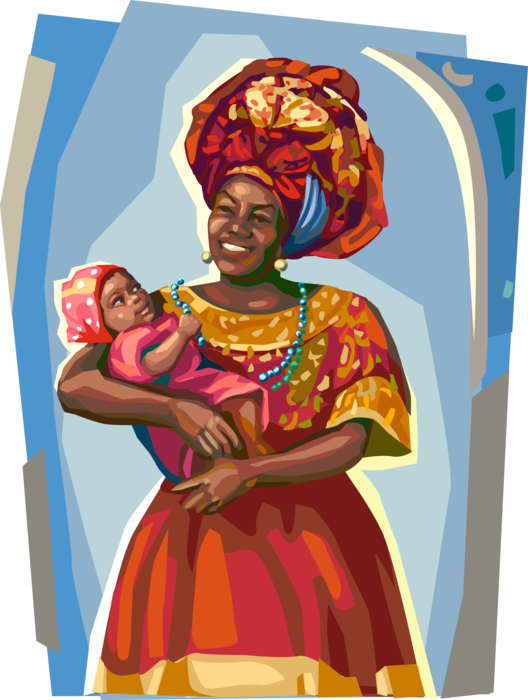 Vector Illustration of Brazilian Woman in Bahia Dress with Child