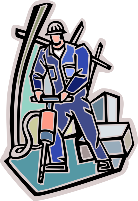 Vector Illustration of Construction Worker on Building Site Operates Jackhammer Pneumatic Drill 