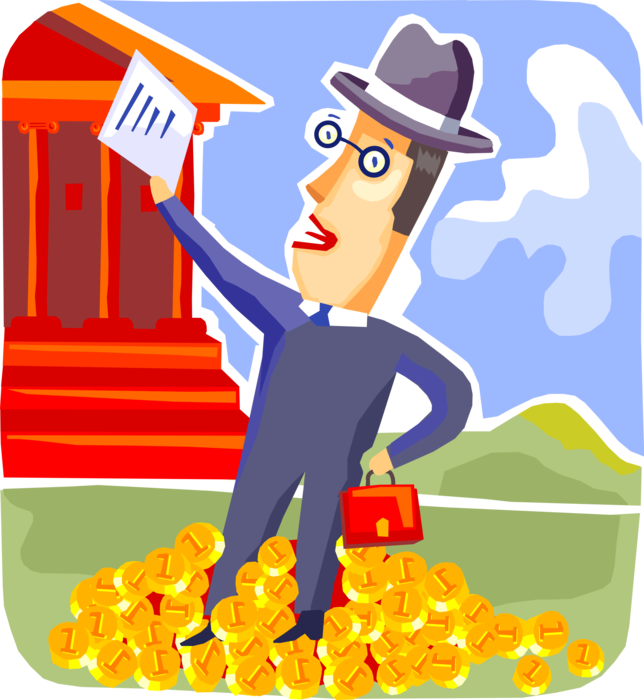 Vector Illustration of Businessman Reaps Financial Bonanza Windfall with Cash Money Coins for Investment in Savings Bank