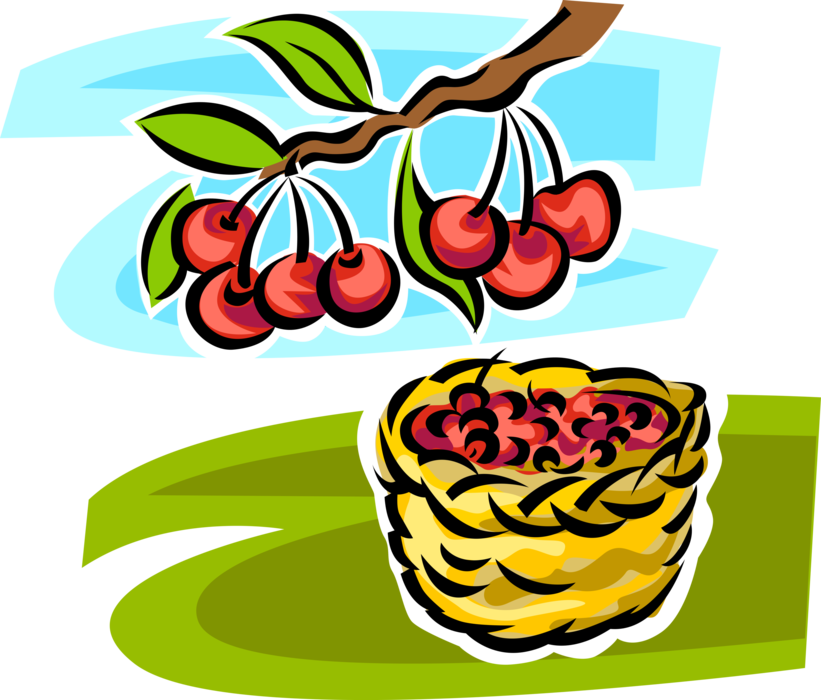 Vector Illustration of Cherry Orchard Tree with Cherries in Harvest Basket