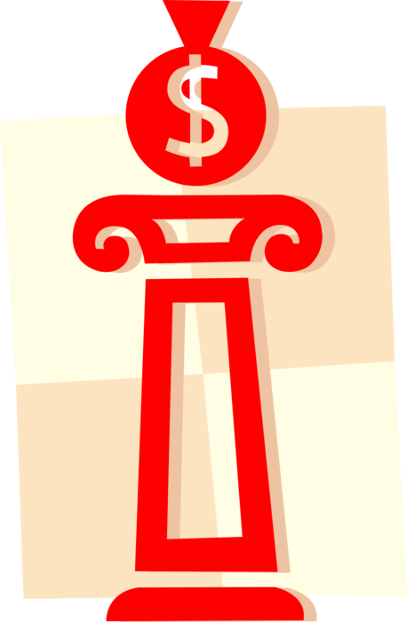 Vector Illustration of Money Bag, Moneybag, or Sack of Money and Coins, Cash and Banknotes on Column Pedestal