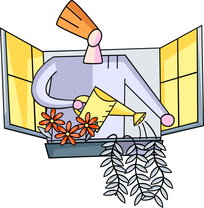 Vector Illustration of Home Gardener Waters Plants with Garden Watering Can