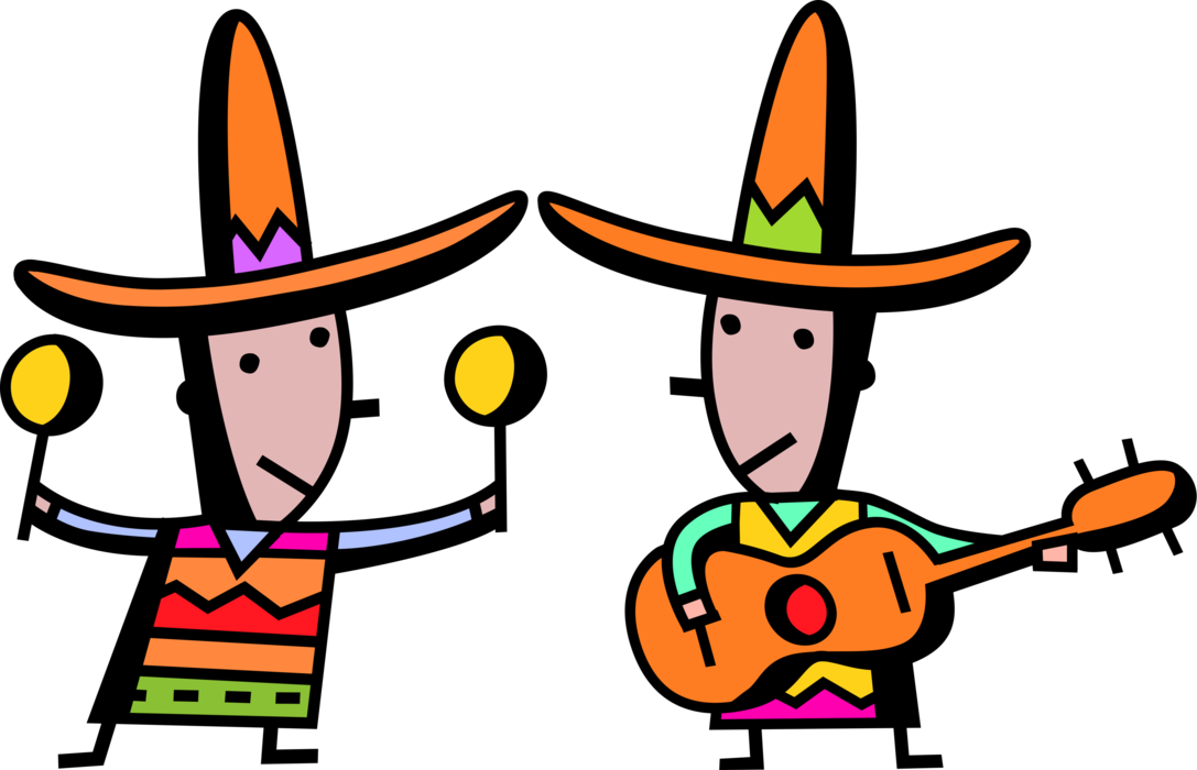 Vector Illustration of Latino Spanish Mexican Musicians Play Maracas and Acoustic Guitar Musical Instruments