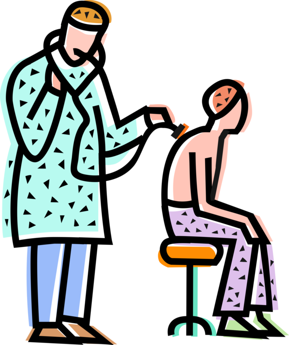 Vector Illustration of Hospital Health Care Professional Doctor Physician Listens to Patient Heartbeat with Stethoscope
