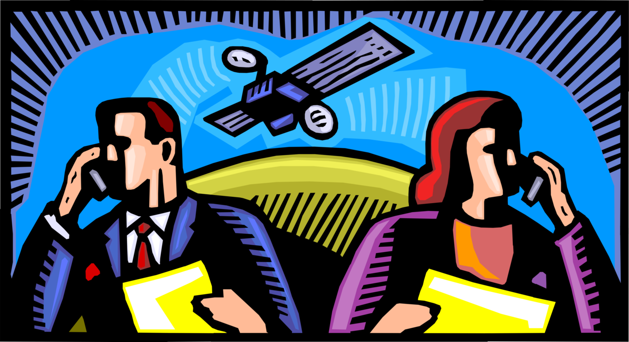 Vector Illustration of Business Colleagues Utilize WiFi Hotspots and Satellite Telecommunications with Mobile Cell Phones