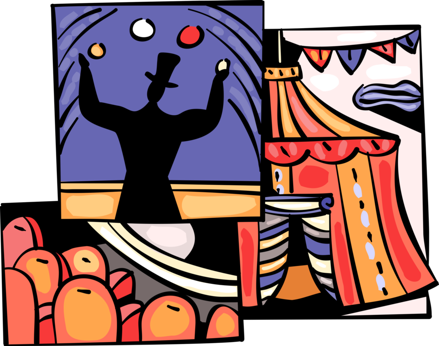 Vector Illustration of Big Top Circus Performer Juggles Balls in Performance Act Under Big Top Tent 