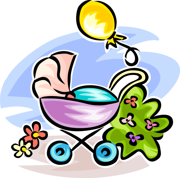 Vector Illustration of Baby Carriage Pram Stroller with Balloon