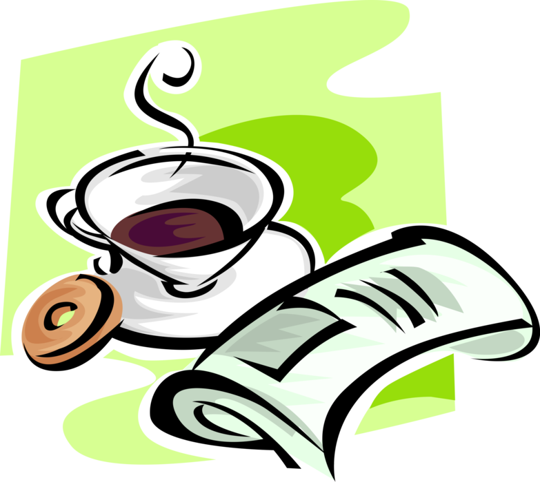 Vector Illustration of Cup of Coffee, Newspaper and Fried Dough Donuts or Doughnut Snack