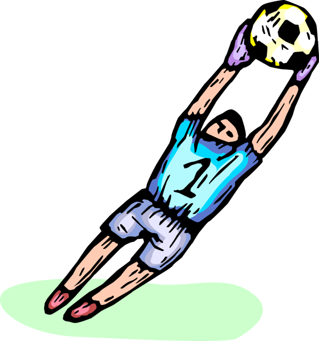 Vector Illustration of Football Soccer Goalie Leaps to Catch Soccer Ball During Game