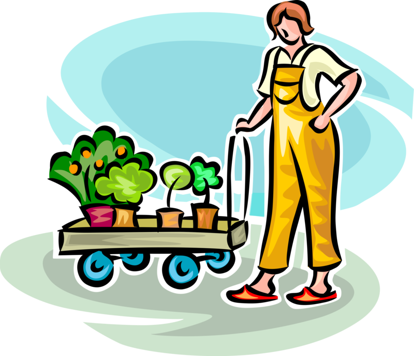 Vector Illustration of Gardener with Wheel Cart Dolly Flowering Plants Ready to Plant in Garden