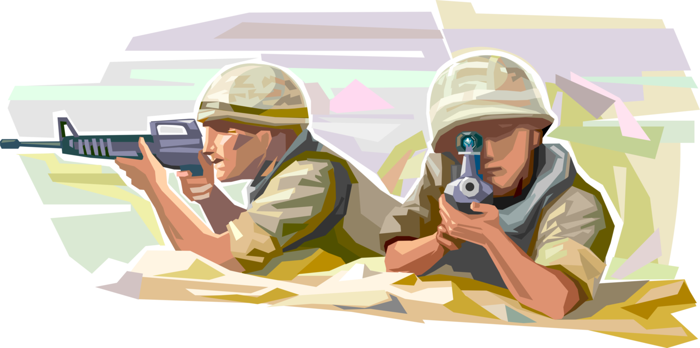 Vector Illustration of Heavily Armed United States Military Marines Engage Enemy on Battlefield in War Operations