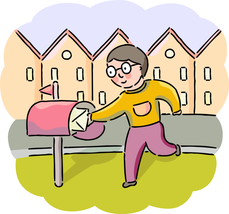 Vector Illustration of Student Retrieves Letter from Letter Box or Mailbox Receptacle for Incoming Mail