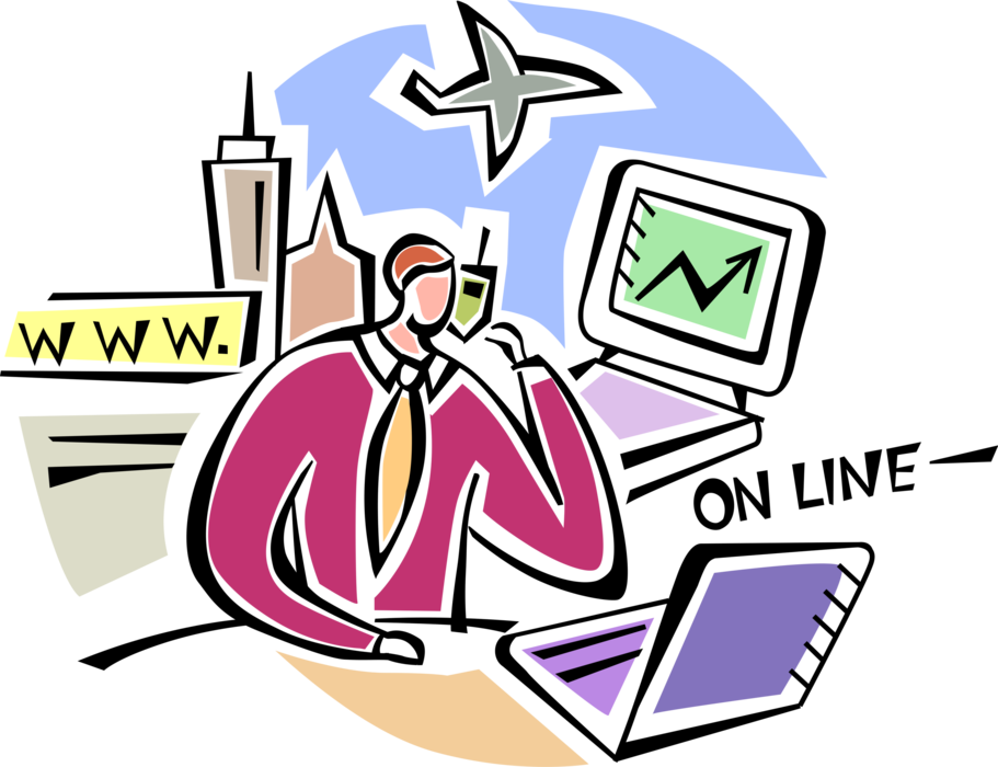 Vector Illustration of Businessman Accesses Online Internet Computer to Book Airline Travel Reservations