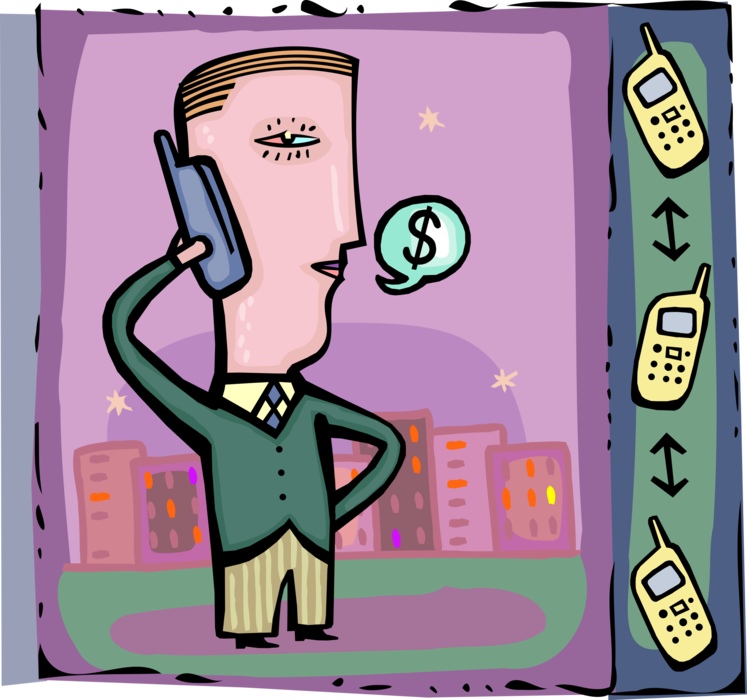 Vector Illustration of Businessman Discussed Financial Information on Mobile Cell Phone Telephone