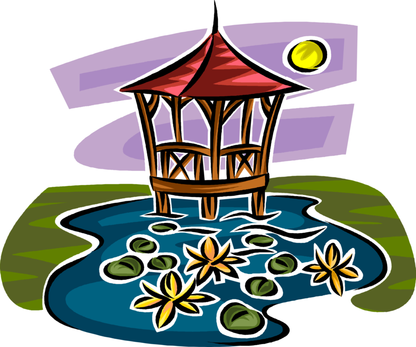 Vector Illustration of Gazebo in Garden Pond with Lily Pads and Flower Blossoms