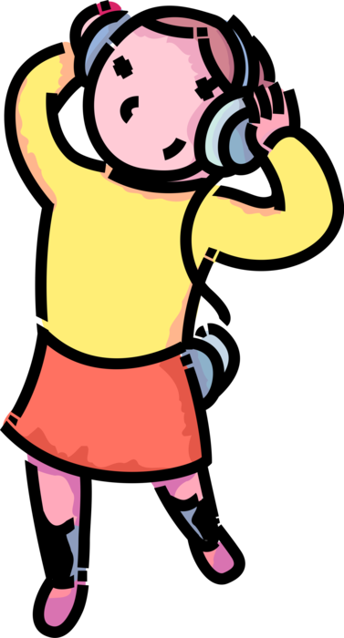 Vector Illustration of Primary or Elementary School Student Girl Listens to Streaming Music on Stereo Headphones