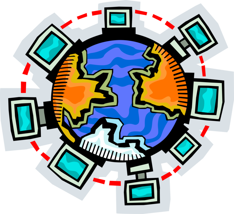 Vector Illustration of Global Telecommunications Networking with World Globe and Networked Computers