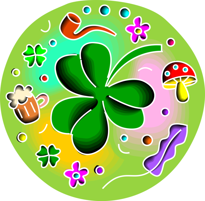 Vector Illustration of St Patrick's Day Four-Leaf Clover Shamrock Brings, Faith, Hope, Love, Good Luck with Beer, Mushroom and Pipe