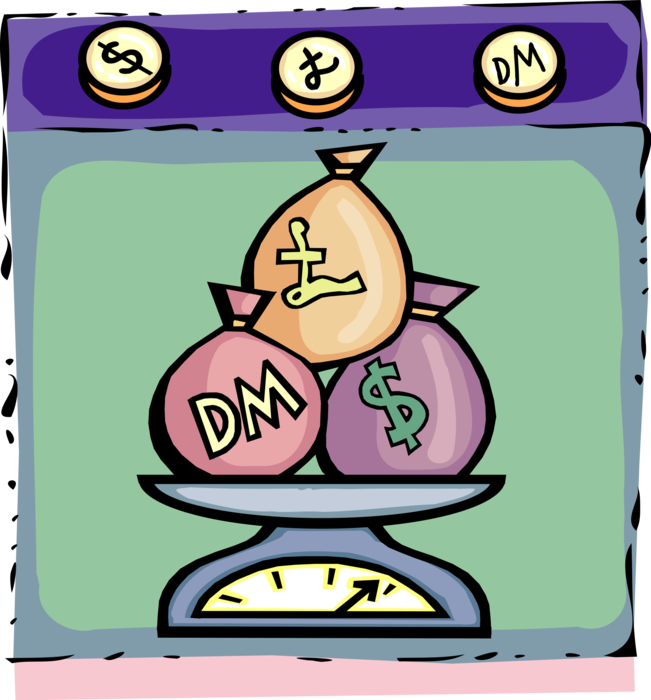 Vector Illustration of Foreign Currency Money Bags on Weigh Scale with Pound Sterling, Deutsche Mark, and Dollars