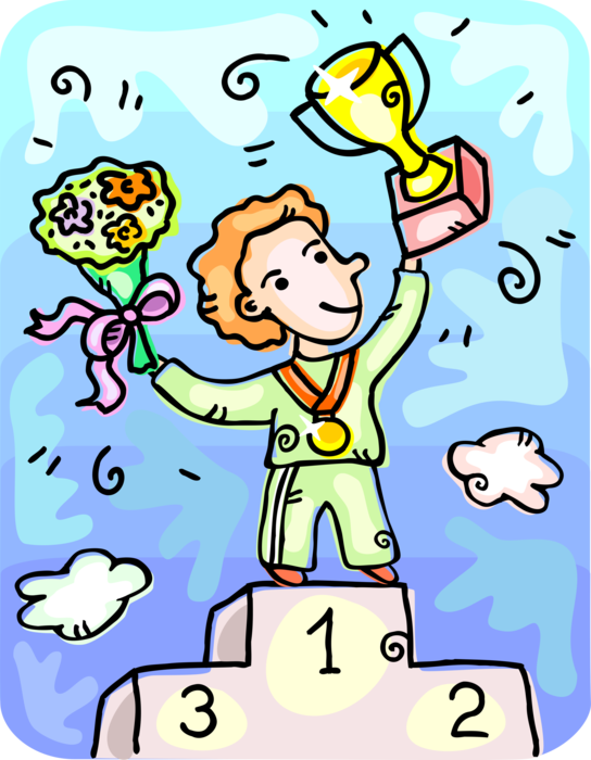 Vector Illustration of Sports Event Winner Celebrates on Winning Podium with Flower Bouquet and Trophy Award Cup