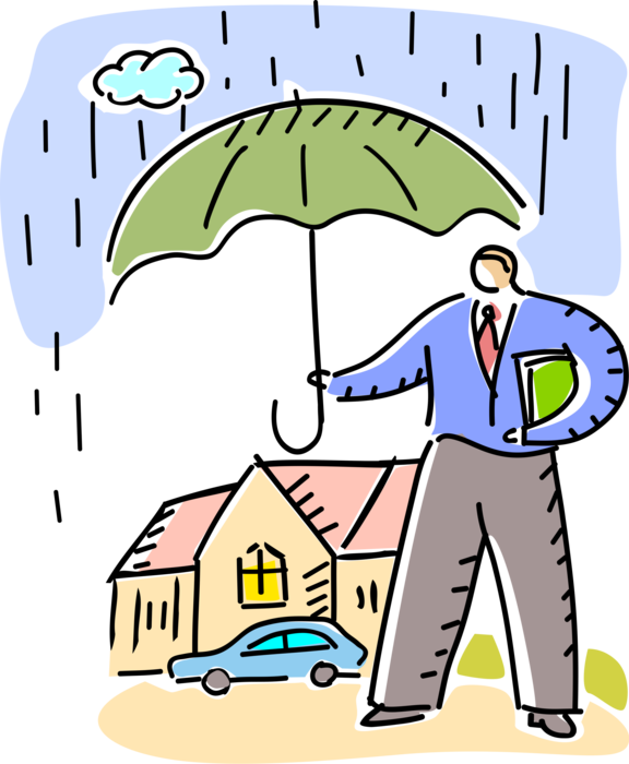 Vector Illustration of Businessman Insurance Broker Sells Property Insurance with Umbrella Covering Homeowner Private Residence Home