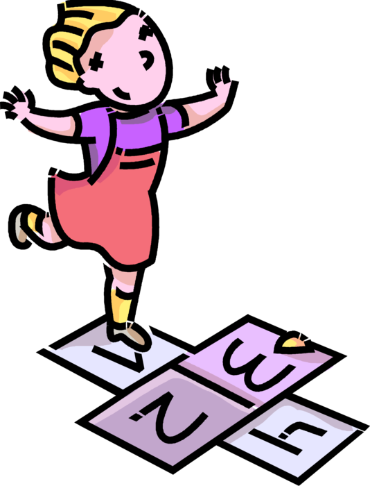 Vector Illustration of Primary or Elementary School Student Girl Plays Hopscotch at School