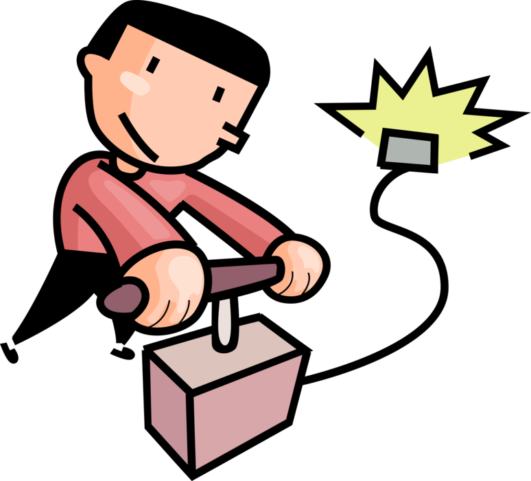 Vector Illustration of Young Man Sets Off Explosive TNT Dynamite with T-shaped Plunger Detonator