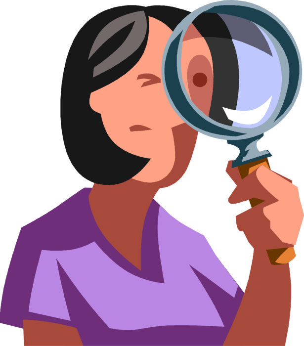 Vector Illustration of Businesswoman Looks Through Convex Lens Magnifying Glass