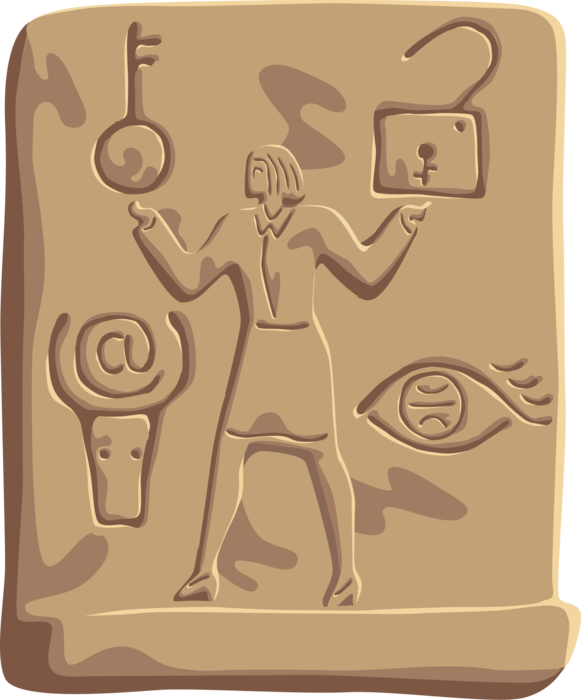 Vector Illustration of Unlocking Online Telecommunications with Egyptian Hieroglyph Symbols of Modern Communications