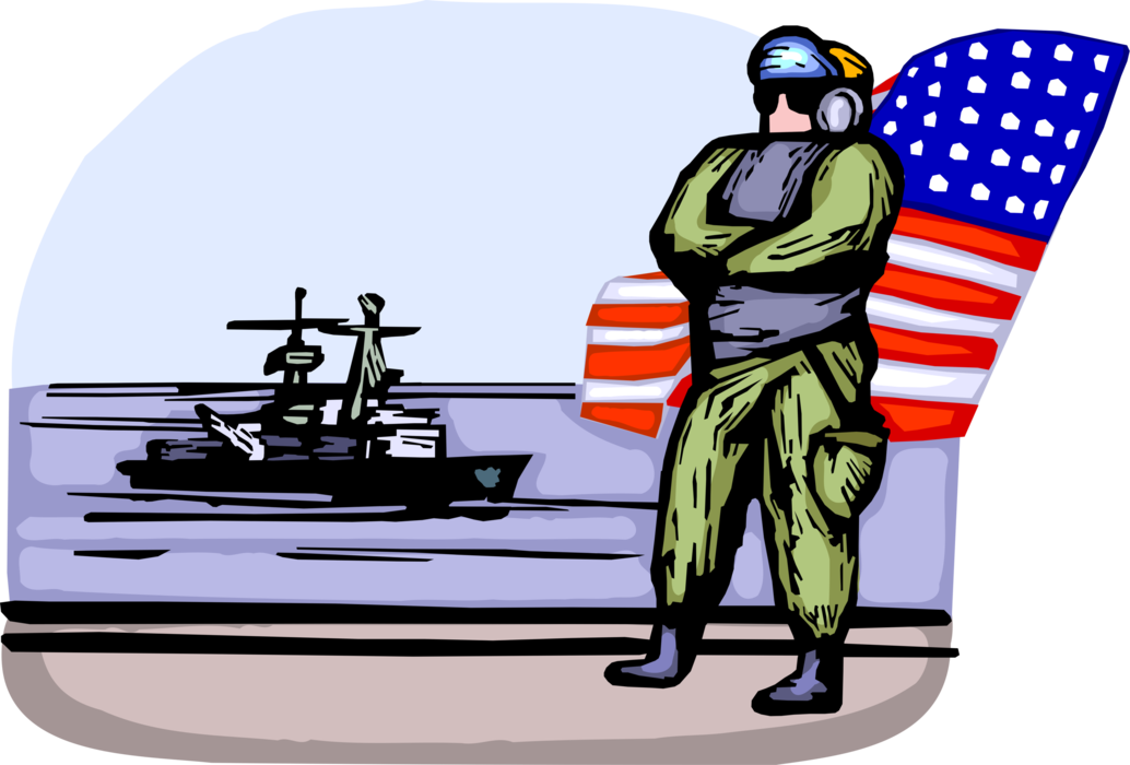 Vector Illustration of United States Navy Aircraft Carrier Air Operation Flight Deck Crew Member Stands By for Take Off