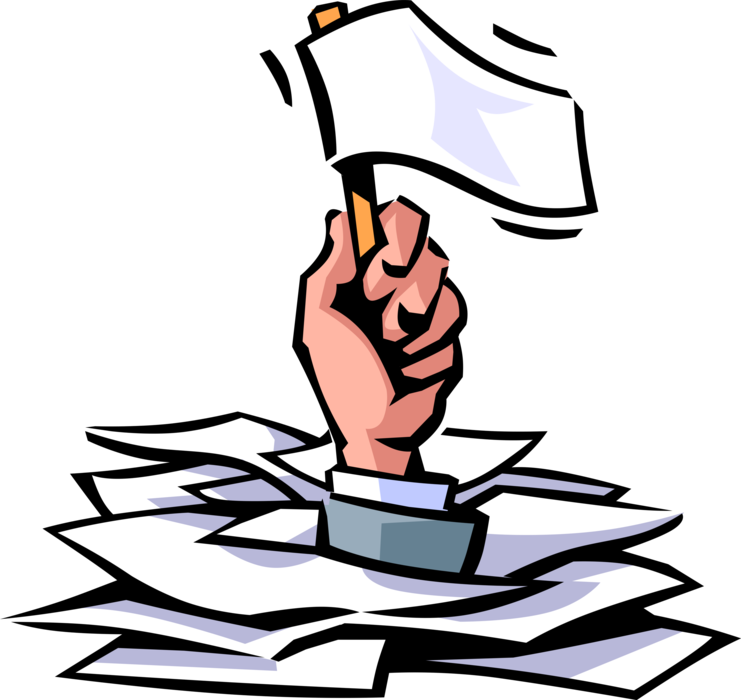 Vector Illustration of Hand Buried in Paperwork Holds White Flag of Surrender