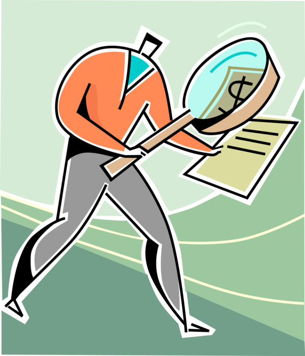 Vector Illustration of Businessman Examines Financial Business Contract Fine Print Wording Details with Magnifying Glass